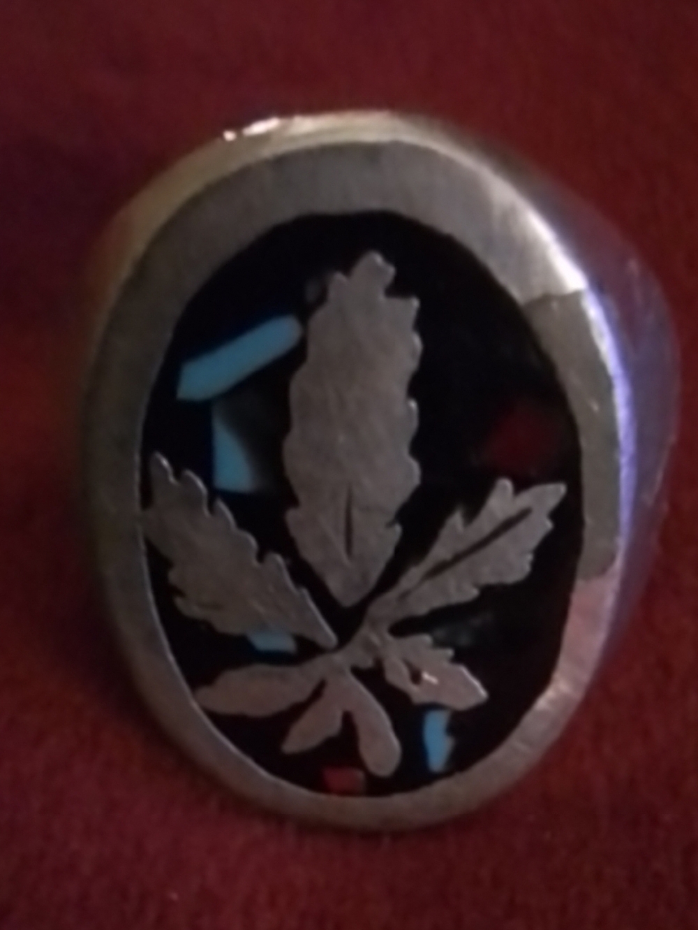 Sterling Silver Leaf Inlay Signet Ring - Black with Turquoise & Coral Accent